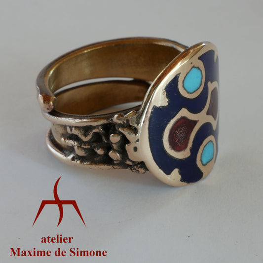 Bague réglable émaillée en bronze dominante bleue