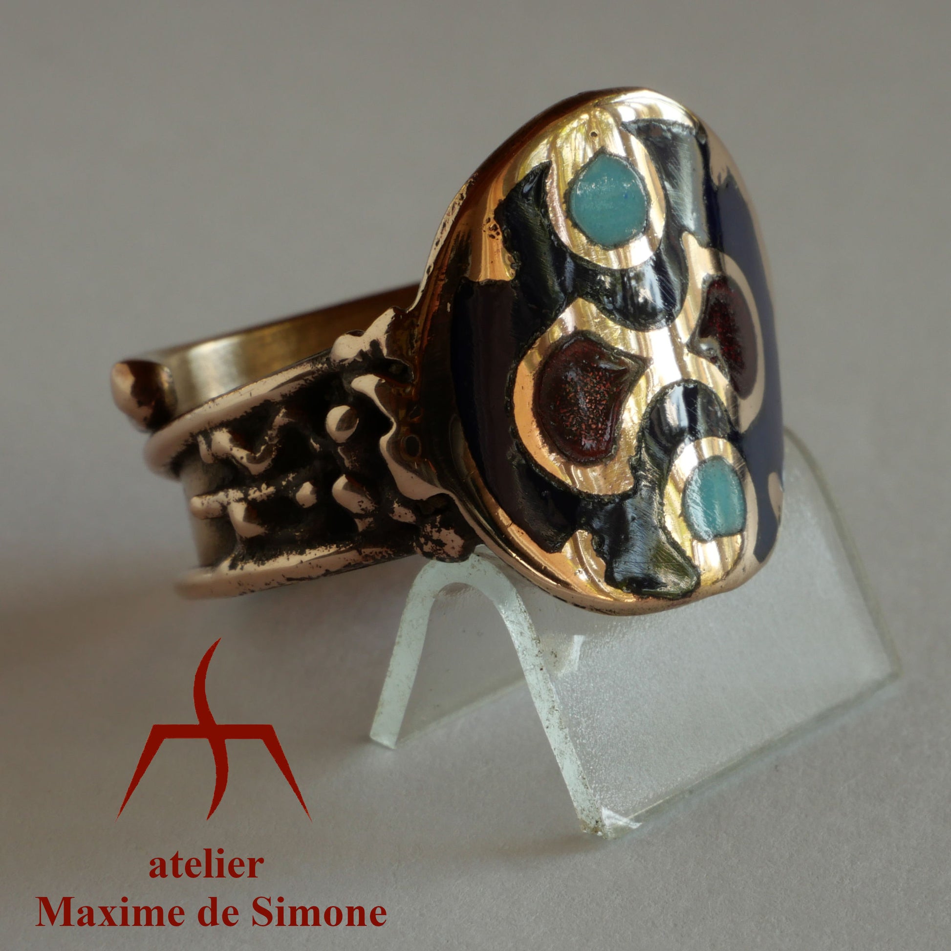 Bague réglable émaillée en bronze dominante bleue