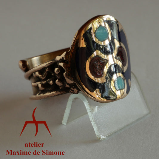 Bague réglable émaillée en bronze dominante bleue