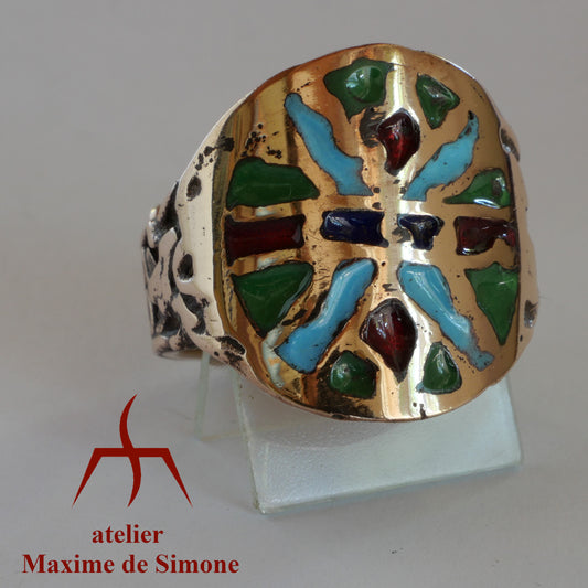 Bague réglable en bronze avec motif original en émail cloisonné